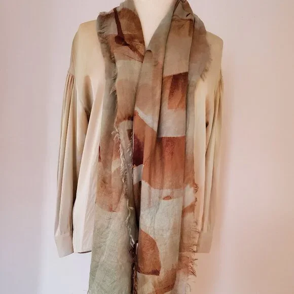 Painted dyed silk cashmere scarf wrap beige brown tan green blue gray grey khaki